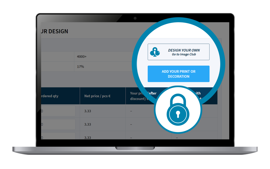 Laptop screen with “DESIGN YOUR OWN” button in Lynka, access restricted to logged-in users.