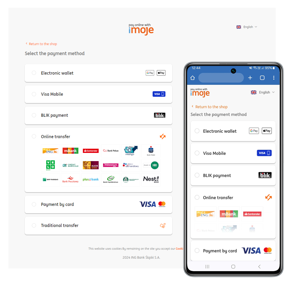 Available payment methods with imoje - Choose from electronic wallet, Visa Mobile, BLIK, and online transfer Screens showing imoje payment options on both a computer and a smartphone, including electronic wallet, Visa Mobile, BLIK, and online transfer